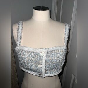 Olivaceous Light Blue Tweed Crop Top with Square Buttons